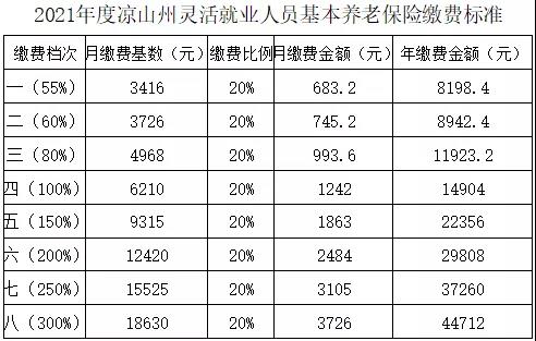 灵活就业人员养老保险各档该缴多少？18